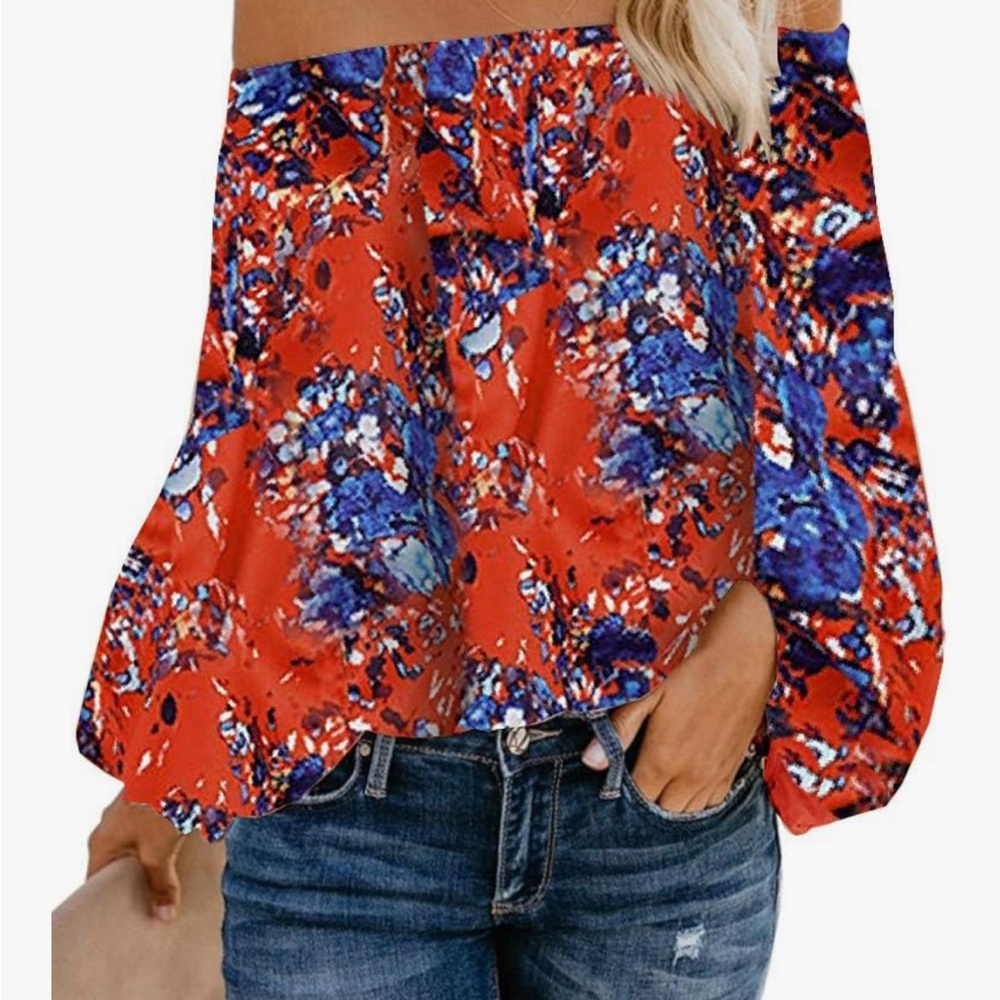 Vibrant Floral Off-Shoulder Blouse - Red and Blue